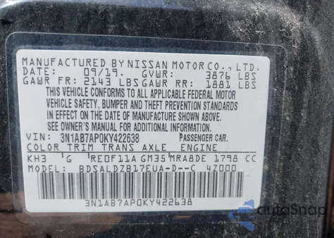 2019 Nissan Sentra Sv z USA, uszkodzony, nr VIN 3N1AB7AP0KY422638